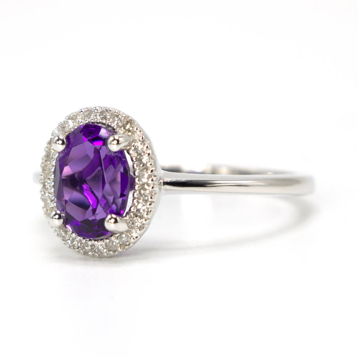 Oval Amethyst with Diamond Halo Engagement Ring in White Gold