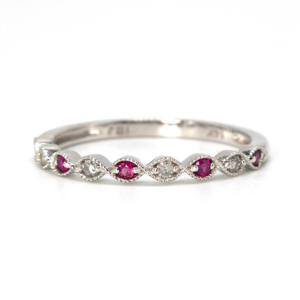 Petite Diamond, Ruby, and Emerald Wedding Bands in White and Yellow Gold