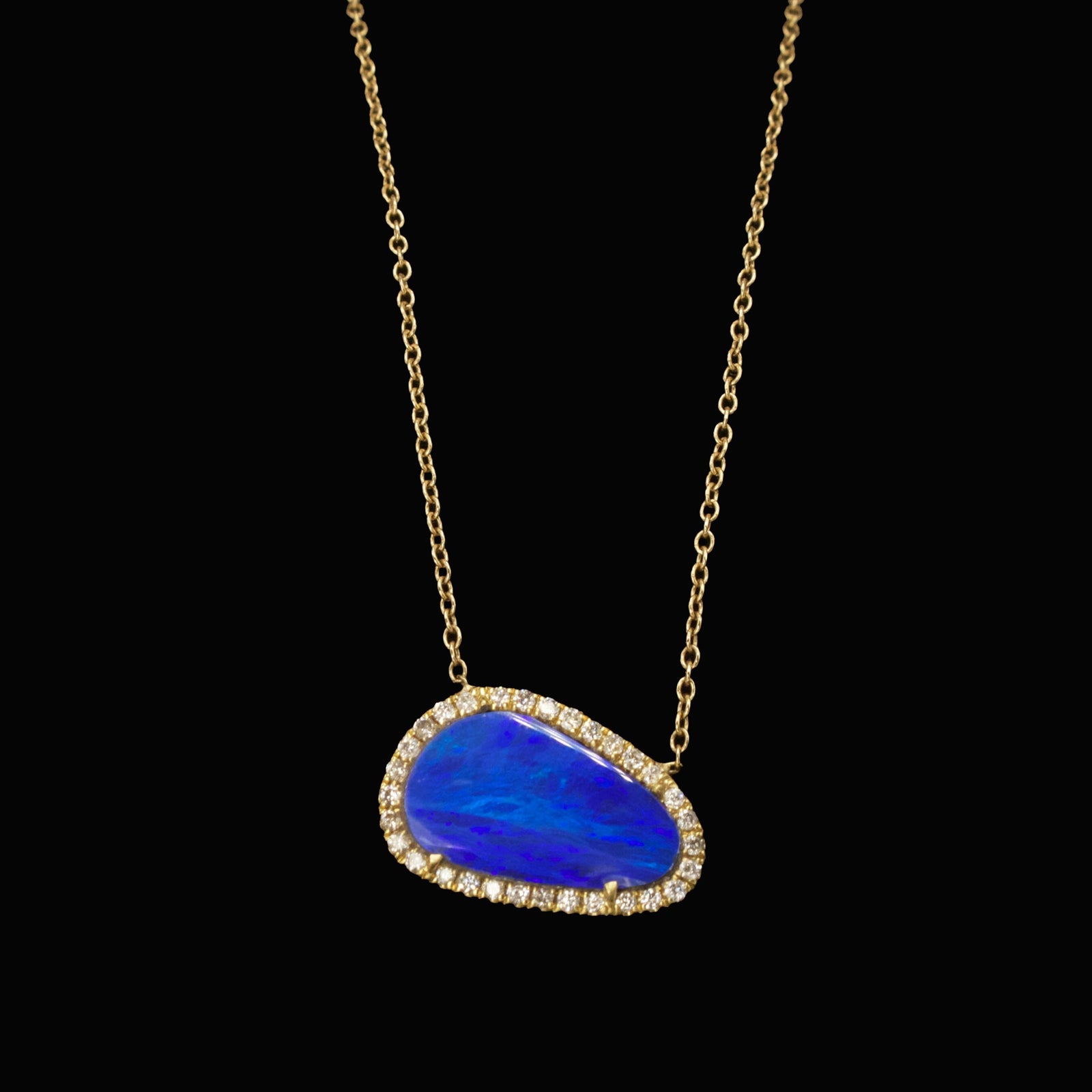 Bold Bright Blue Black Opal Necklace with Diamond Halo in Yellow Gold