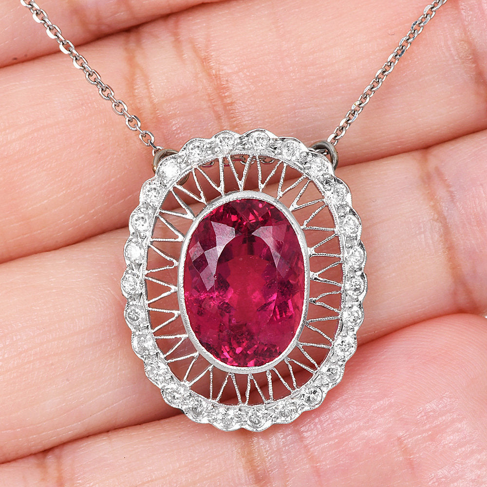 Estate Oval Rubellite and Diamond Halo Filigree Pendant Necklace