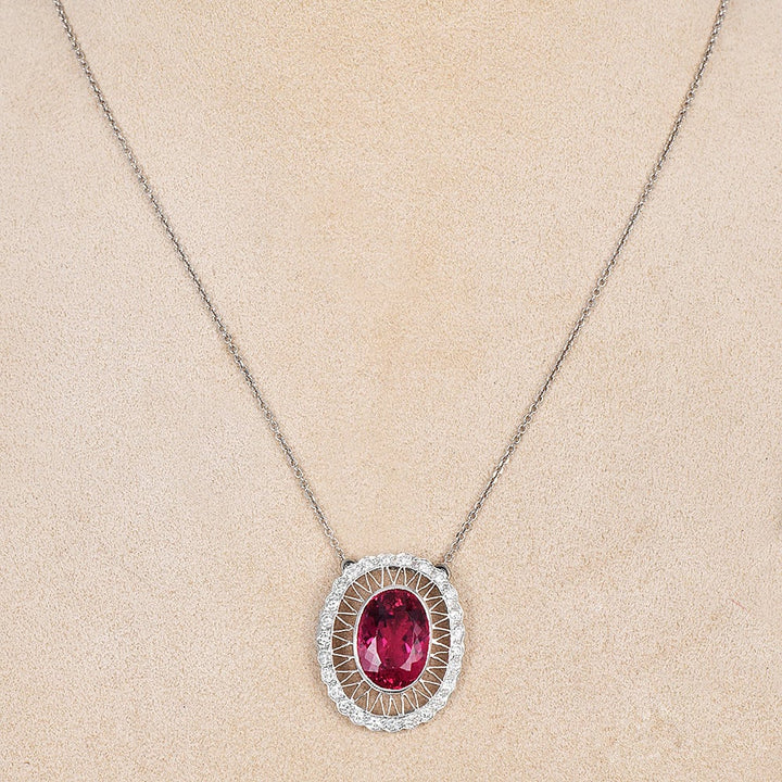 Estate Oval Rubellite and Diamond Halo Filigree Pendant Necklace