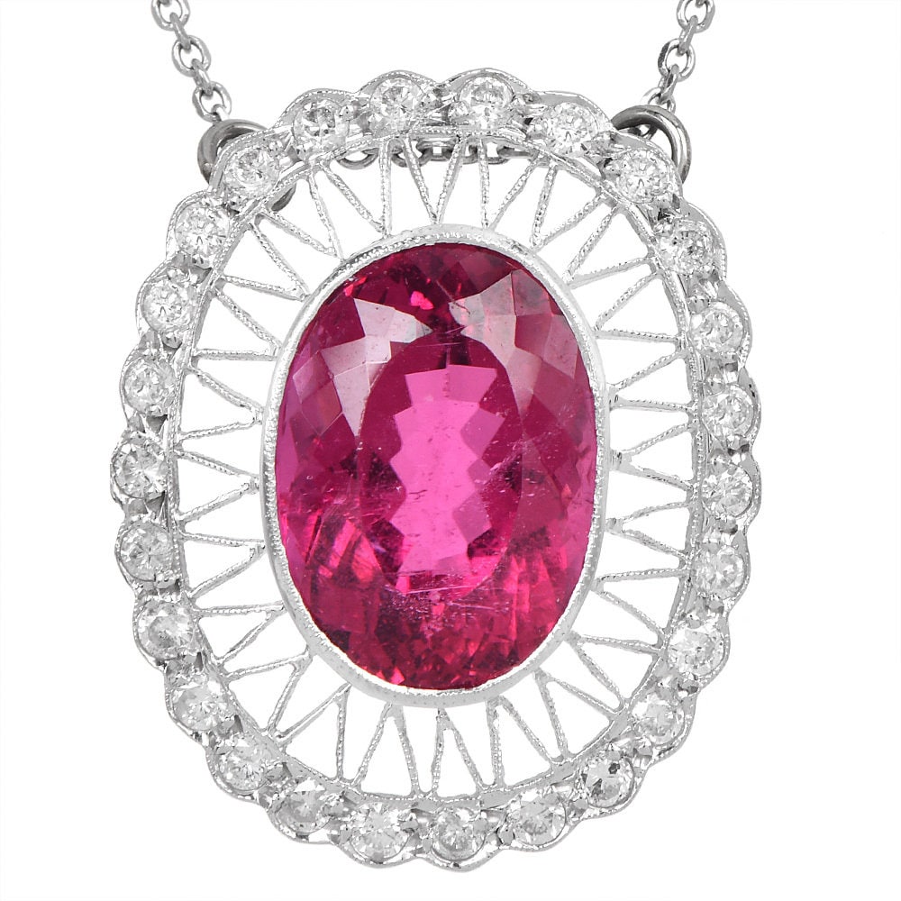 Estate Oval Rubellite and Diamond Halo Filigree Pendant Necklace