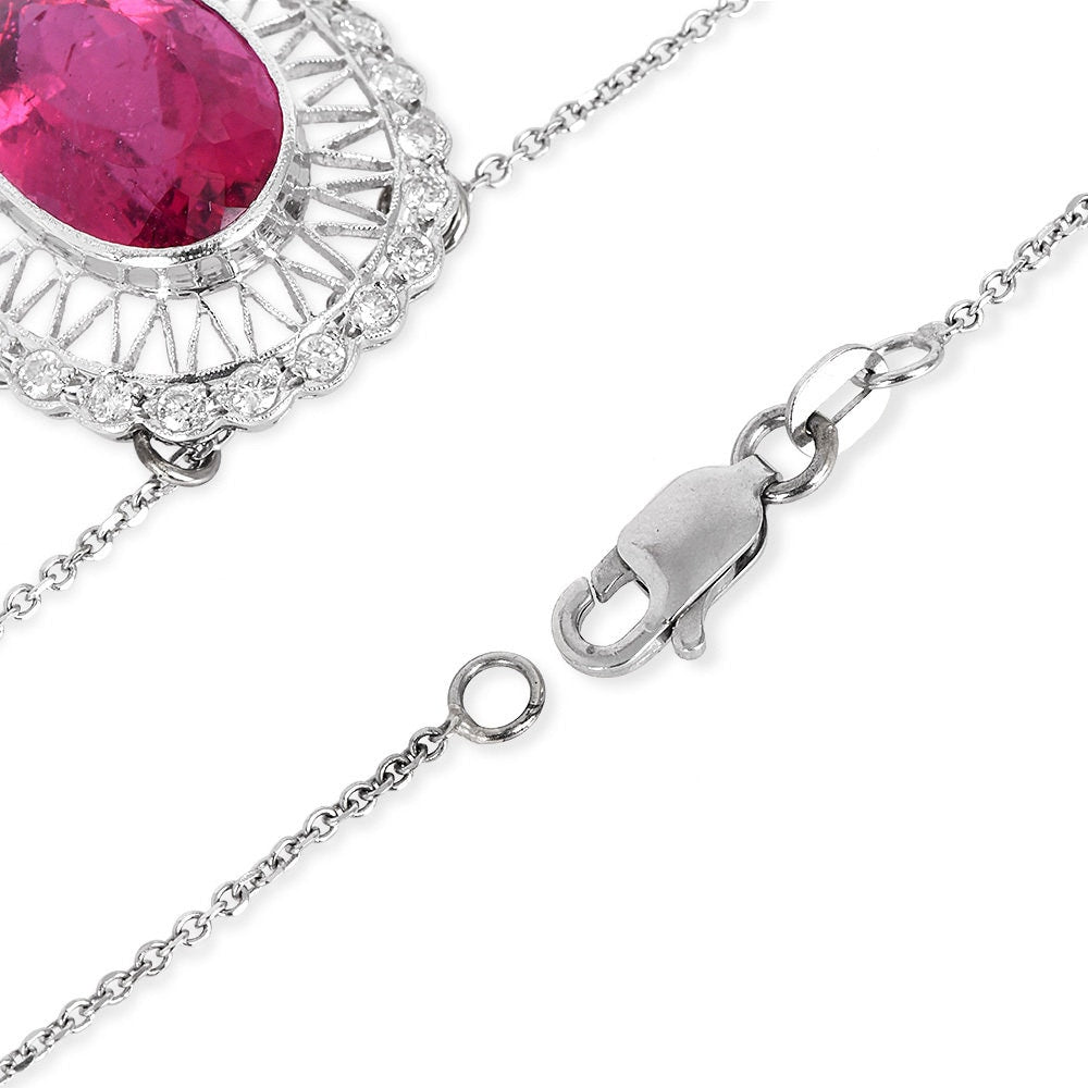 Estate Oval Rubellite and Diamond Halo Filigree Pendant Necklace