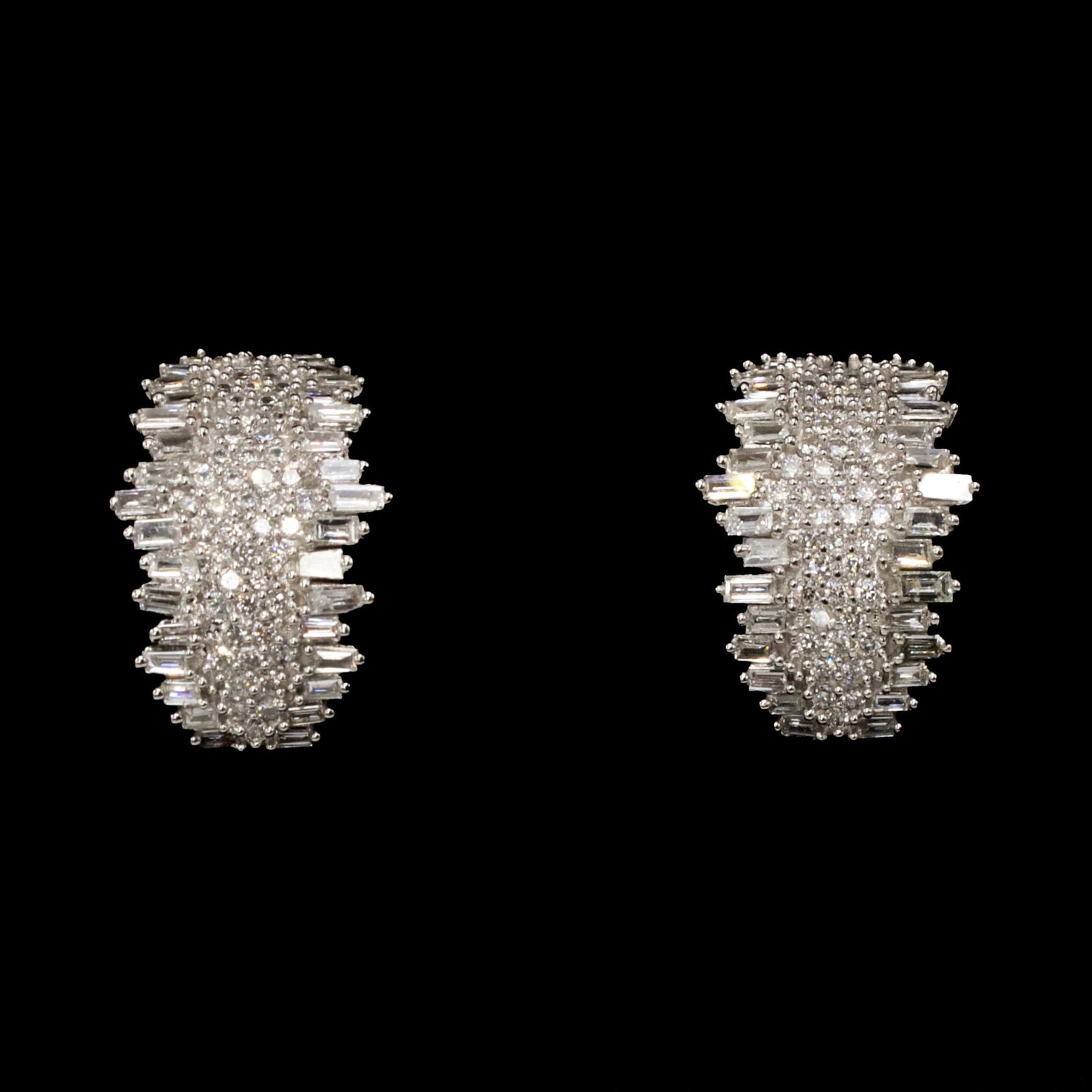 Baguette and Round Diamond Bar Style Hoop Earrings