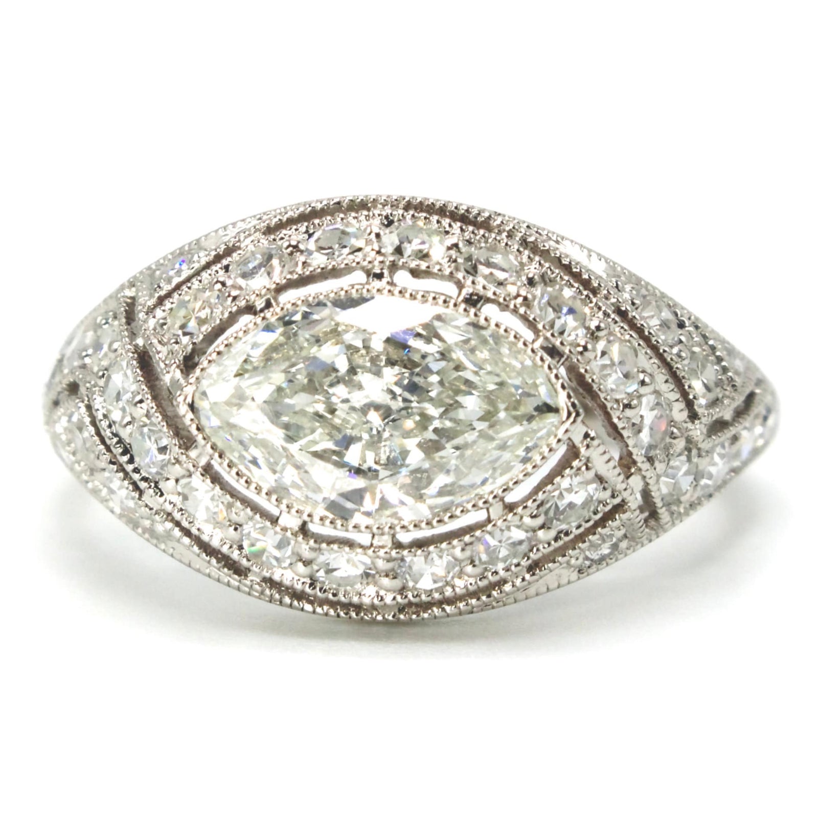 Art Deco Style East-West Marquise Cut Diamond Ring with Single Cut Accent Diamonds in Platinum
