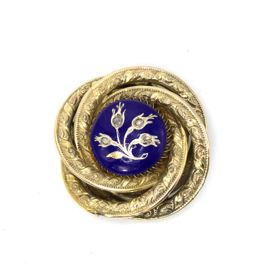 Late 19th Century 14K Gold and Enamel Mourning Brooch with Rose Cut Diamond Thistles