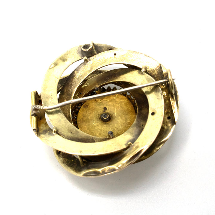 Late 19th Century 14K Gold and Enamel Mourning Brooch with Rose Cut Diamond Thistles