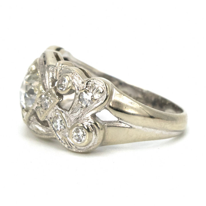 0.55 ct Old Mine Cut Diamond Ring with Single Cut Accent Diamonds in 14K White Gold