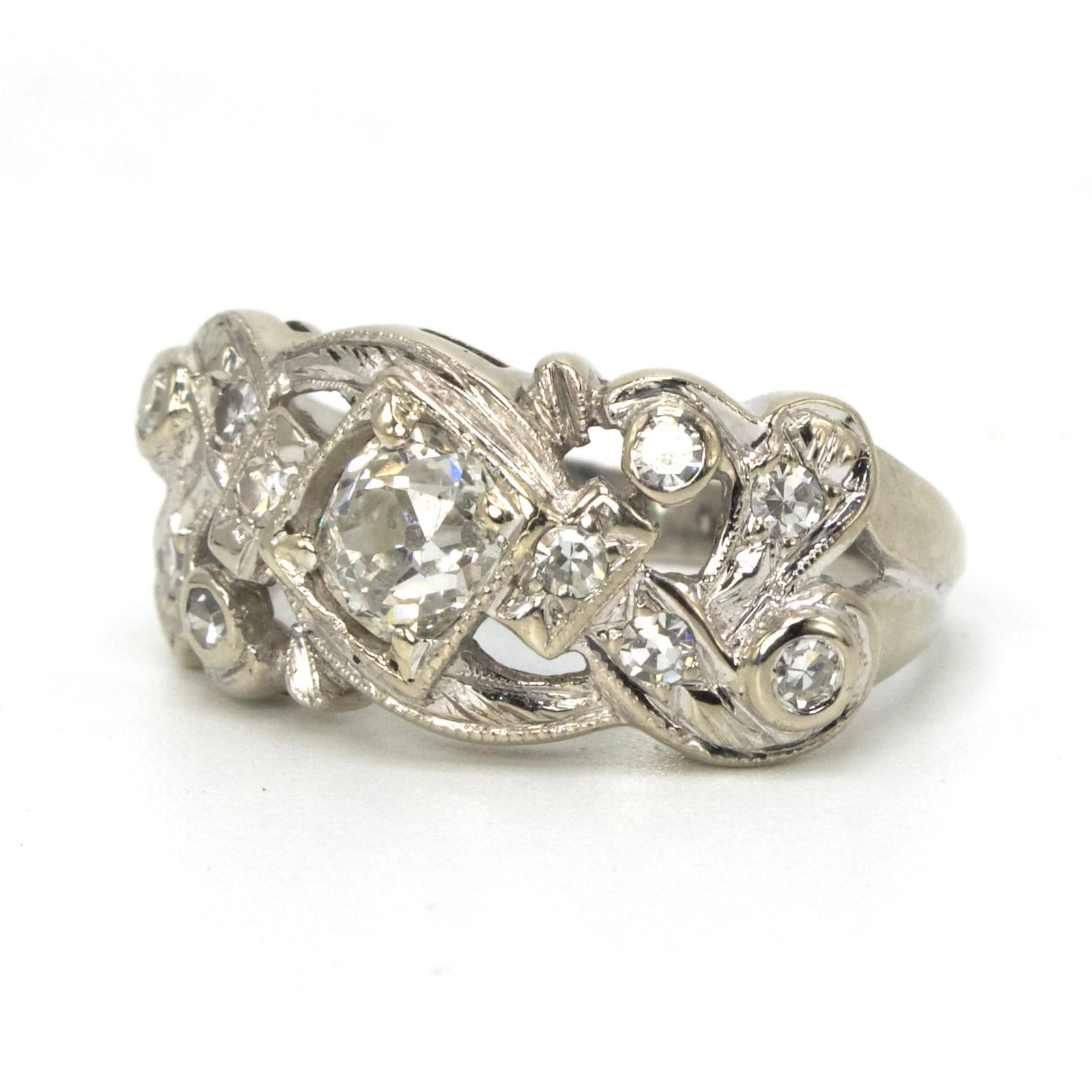 0.55 ct Old Mine Cut Diamond Ring with Single Cut Accent Diamonds in 14K White Gold