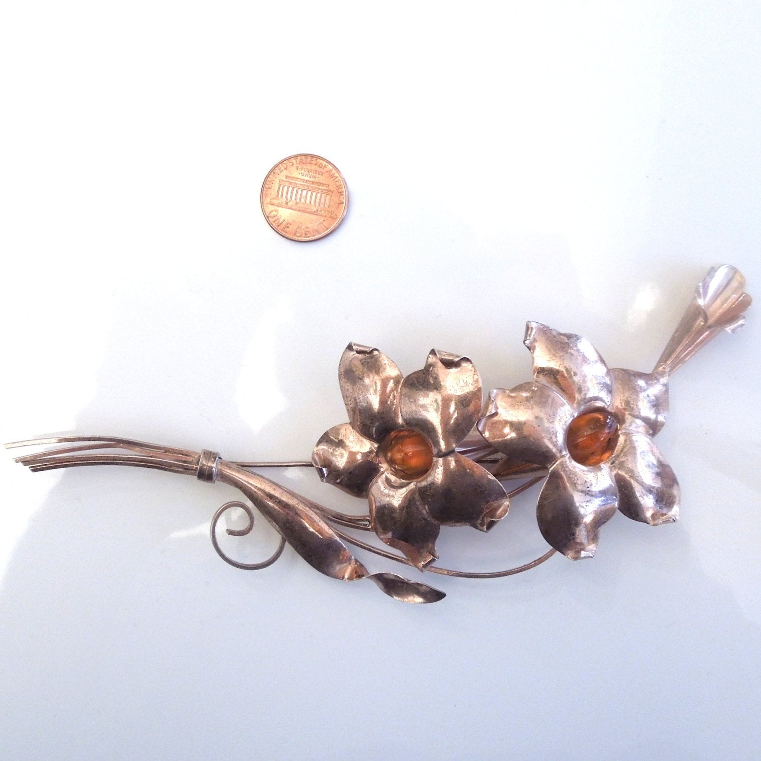 Vermeil Flower and Orange Gem Brooch - Pin