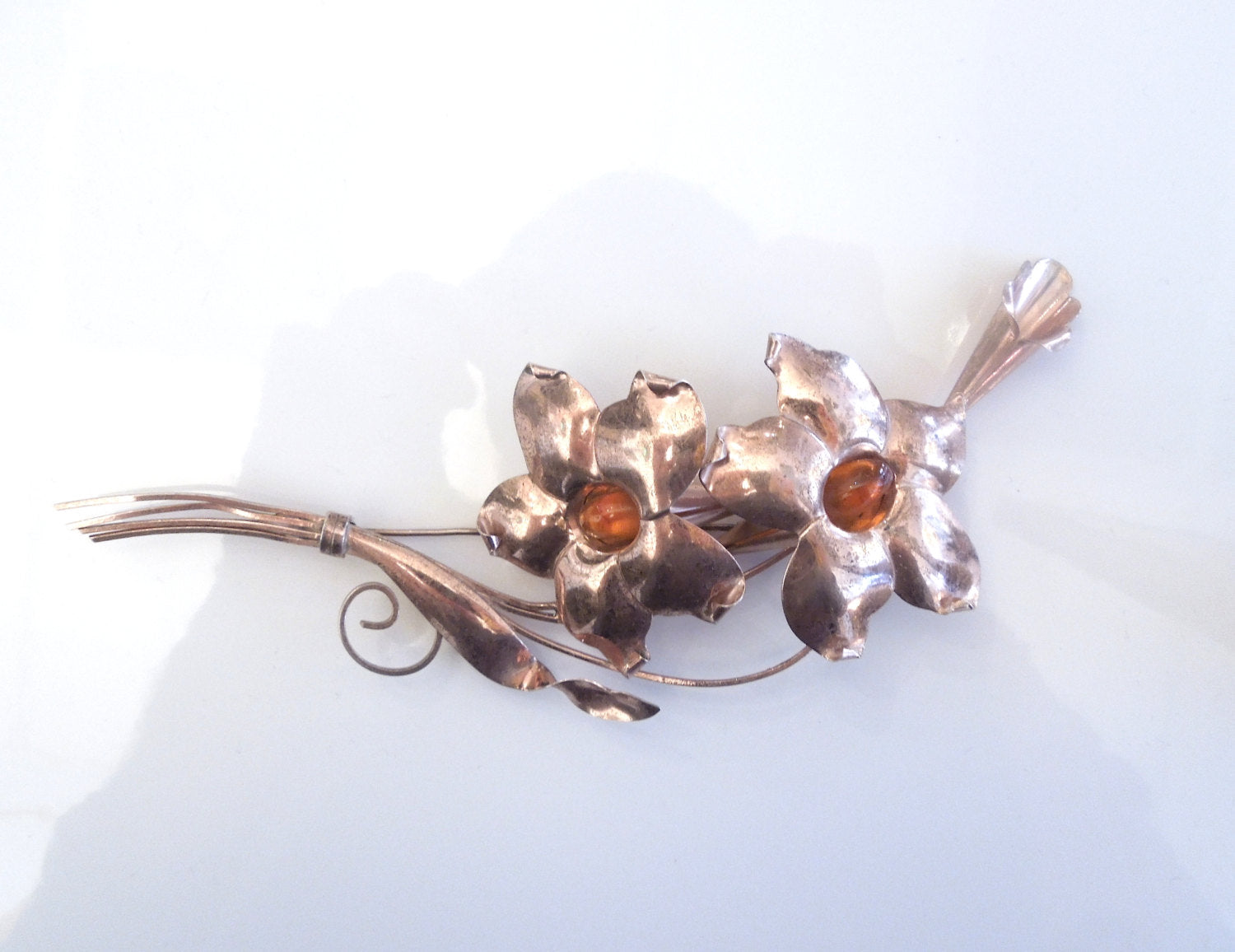 Vermeil Flower and Orange Gem Brooch - Pin