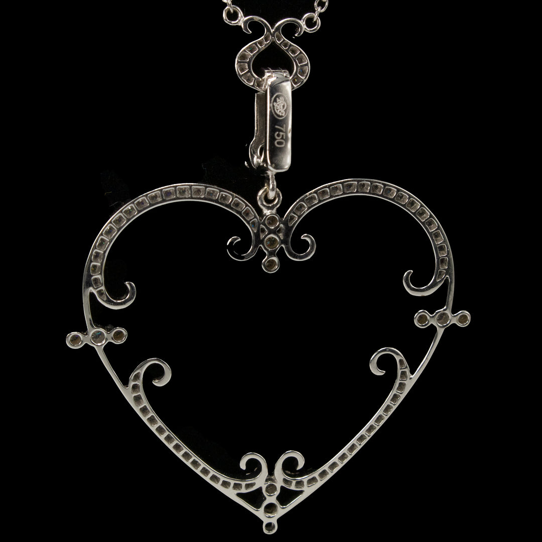 Large Filigree Style Diamond Heart Necklace in 18K White Gold