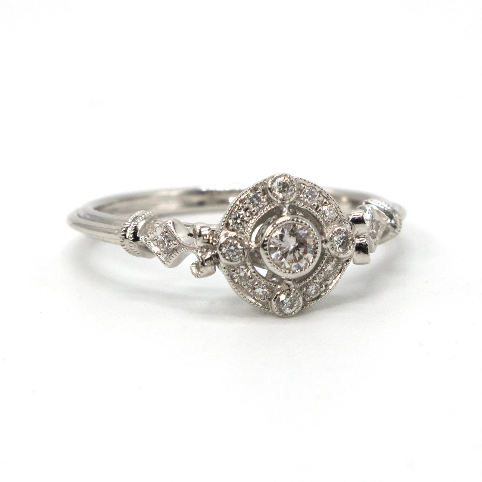 Dainty Art Deco Style 14K White Gold Diamond Engagement Ring with Halo