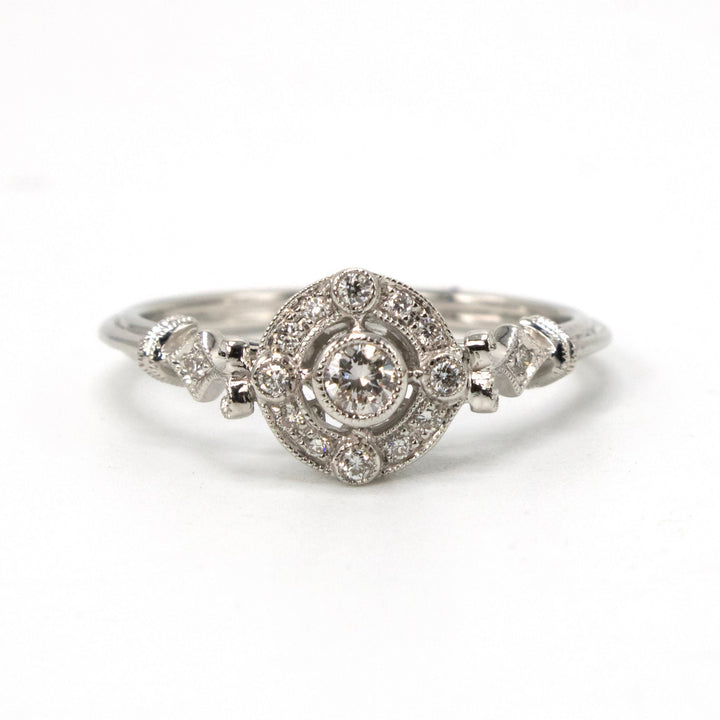Dainty Art Deco Style 14K White Gold Diamond Engagement Ring with Halo