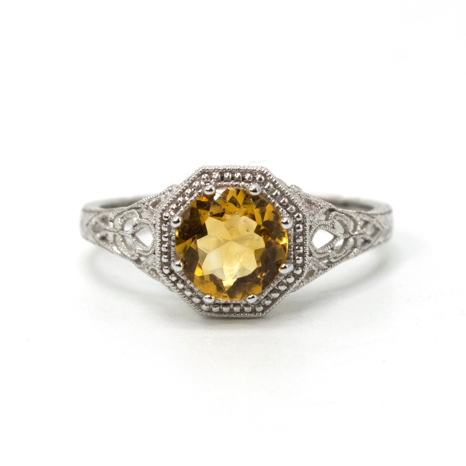 14K White Gold Filigree Ring with 1.00 Carat Orange Citrine