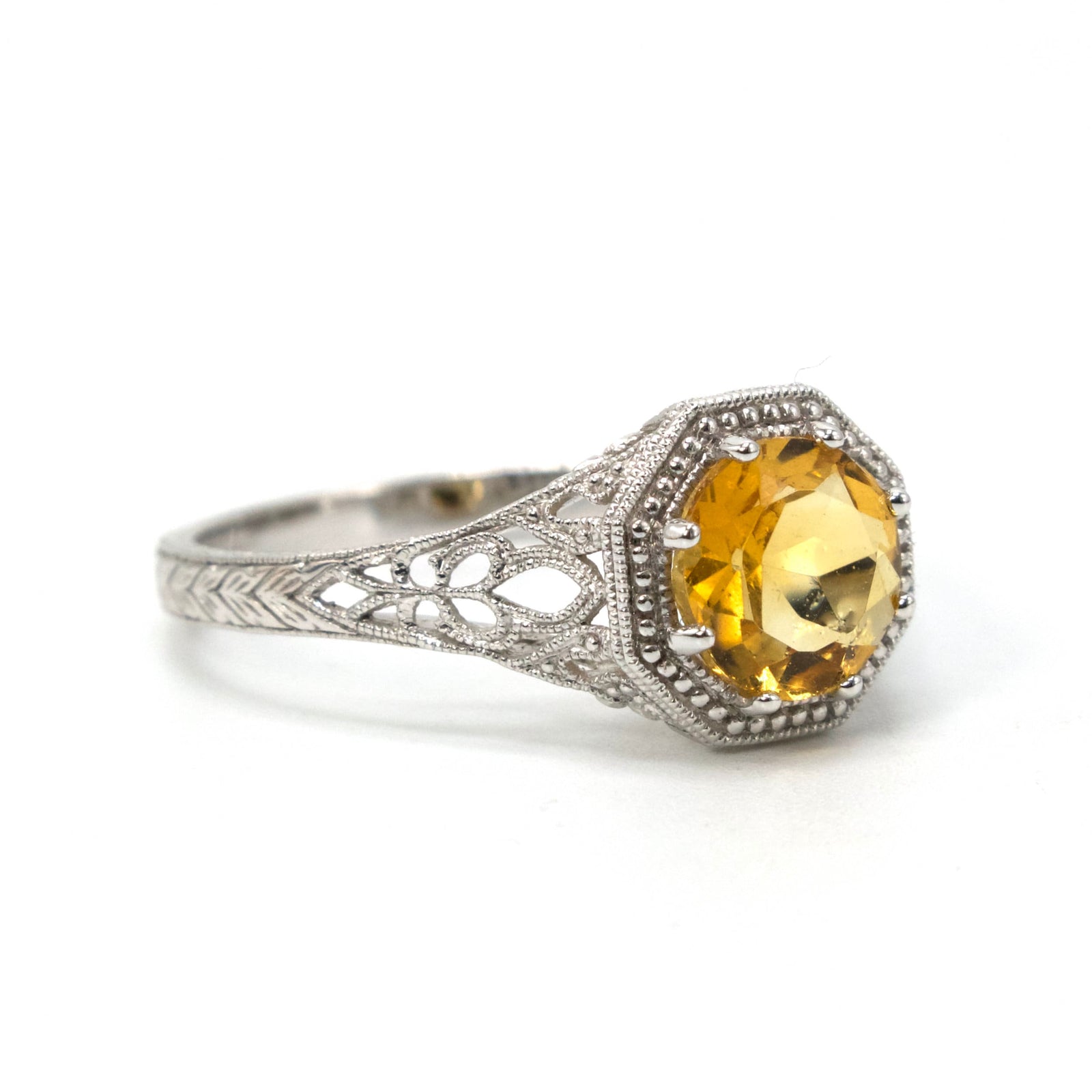 14K White Gold Filigree Ring with 1.00 Carat Orange Citrine