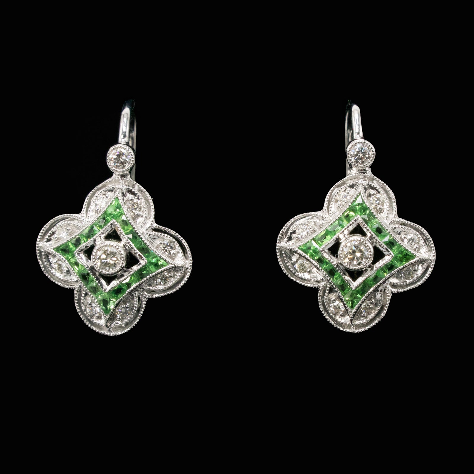 Quatrefoil Lever Back Drop Earrings with Diamonds and Tsavorite Garnets