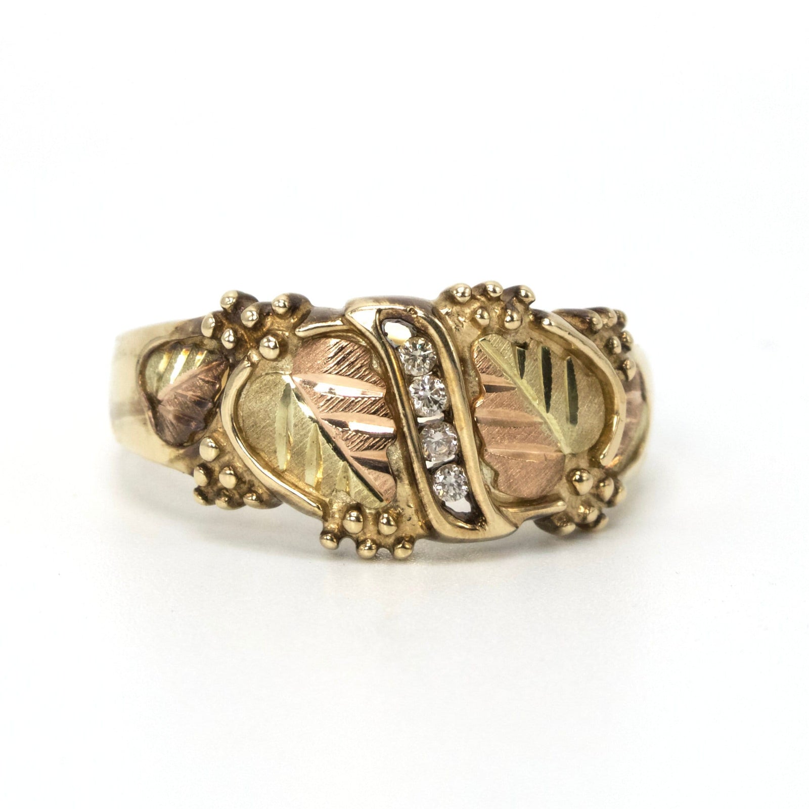 10K Black Hills Gold Gents Ring with Four Small Diamonds