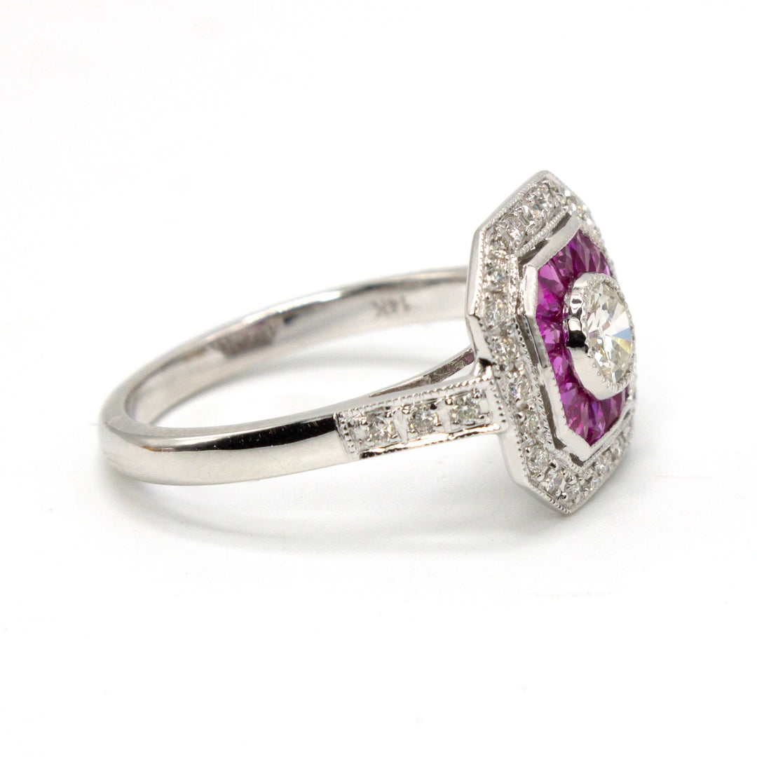 Art Deco Style Square White Gold & Diamond Engagement Ring with Ruby and Diamond Double Halo