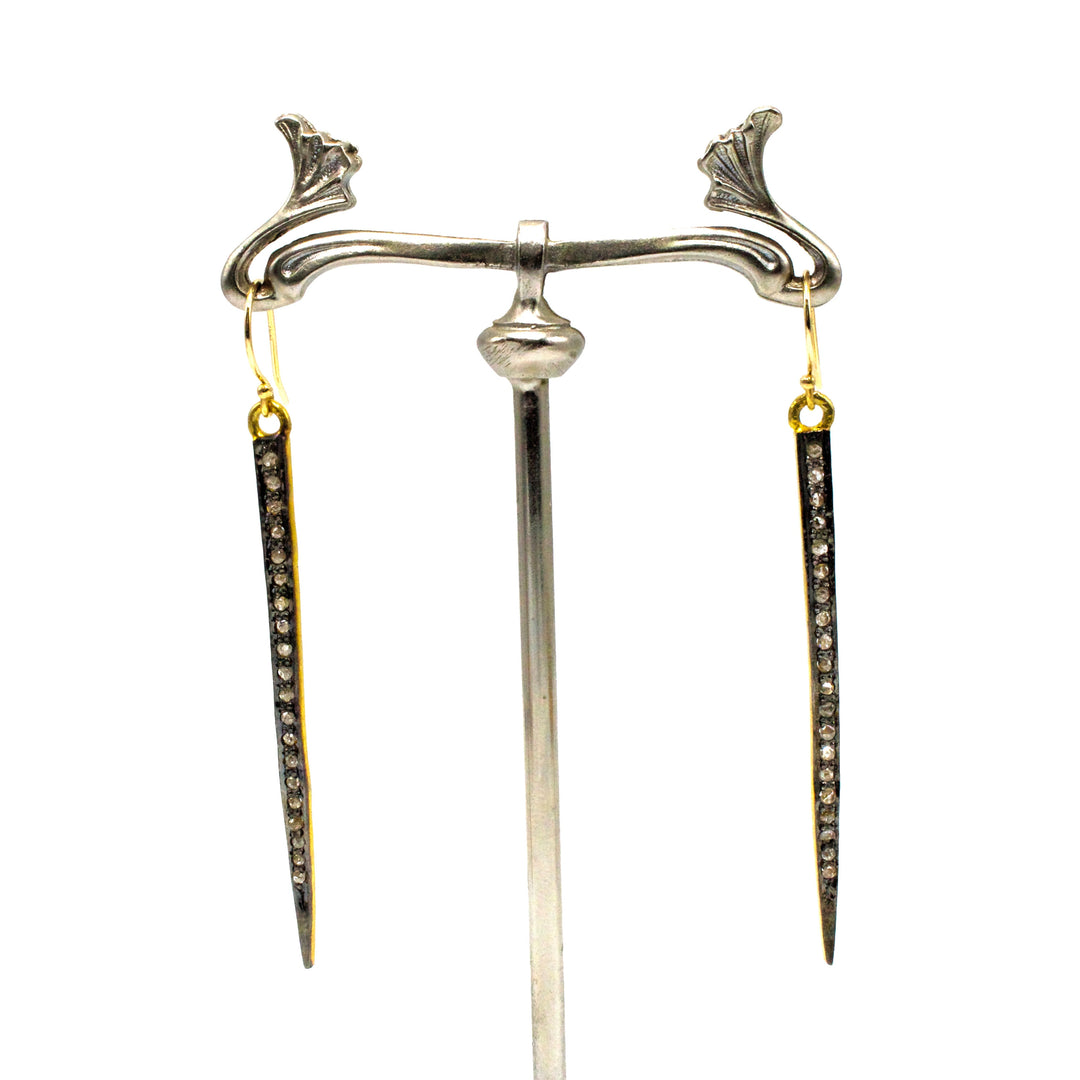 Long Sterling Silver and 14K Yellow Gold Brown Diamond Spike Earrings