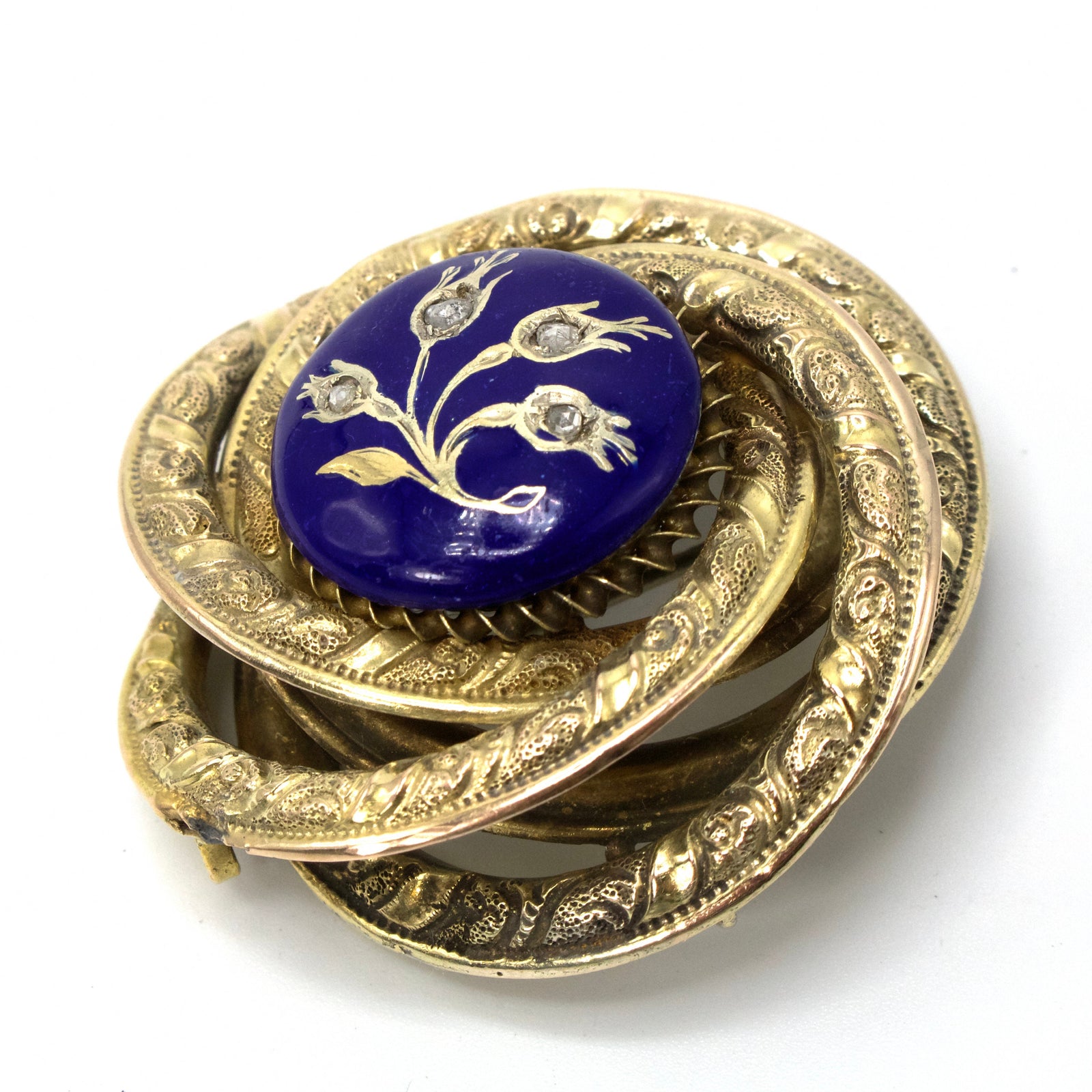 Late 19th Century 14K Gold and Enamel Mourning Brooch with Rose Cut Diamond Thistles