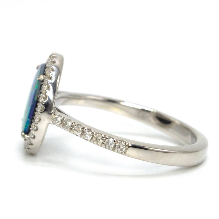 14K White Gold Round Opal Doublet Ring with Diamond Halo