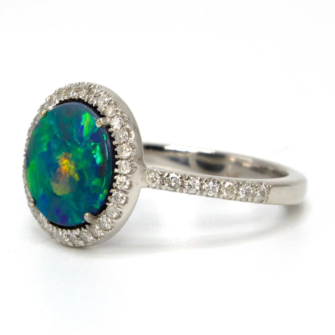 14K White Gold Round Opal Doublet Ring with Diamond Halo