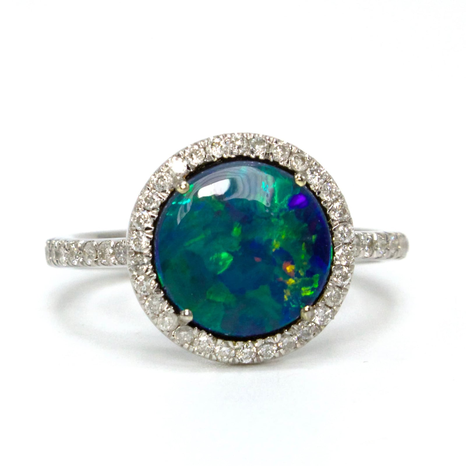 14K White Gold Round Opal Doublet Ring with Diamond Halo