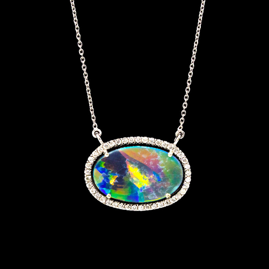 Fiery Oval Opal Doublet Necklace in White Gold with Diamonds