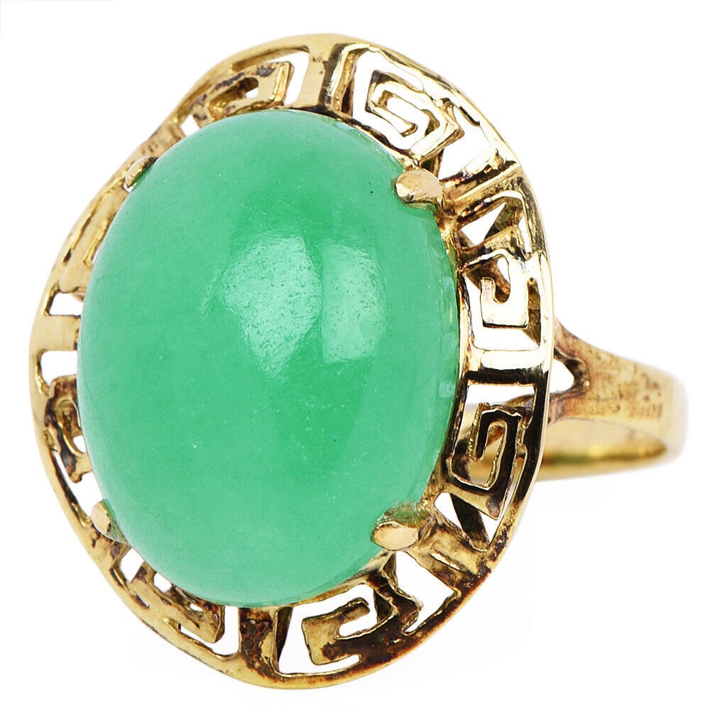 Vintage Oval Jade Ring with Greek Key Surround in Yellow Gold