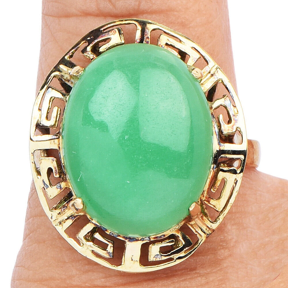 Vintage Oval Jade Ring with Greek Key Surround in Yellow Gold