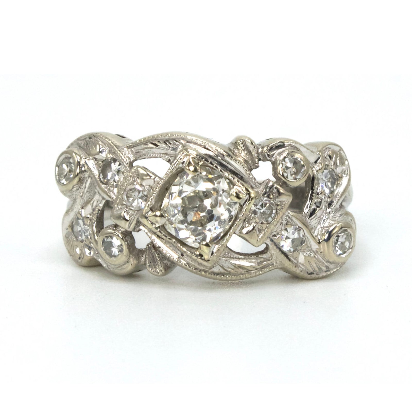 0.55 ct Old Mine Cut Diamond Ring with Single Cut Accent Diamonds in 14K White Gold