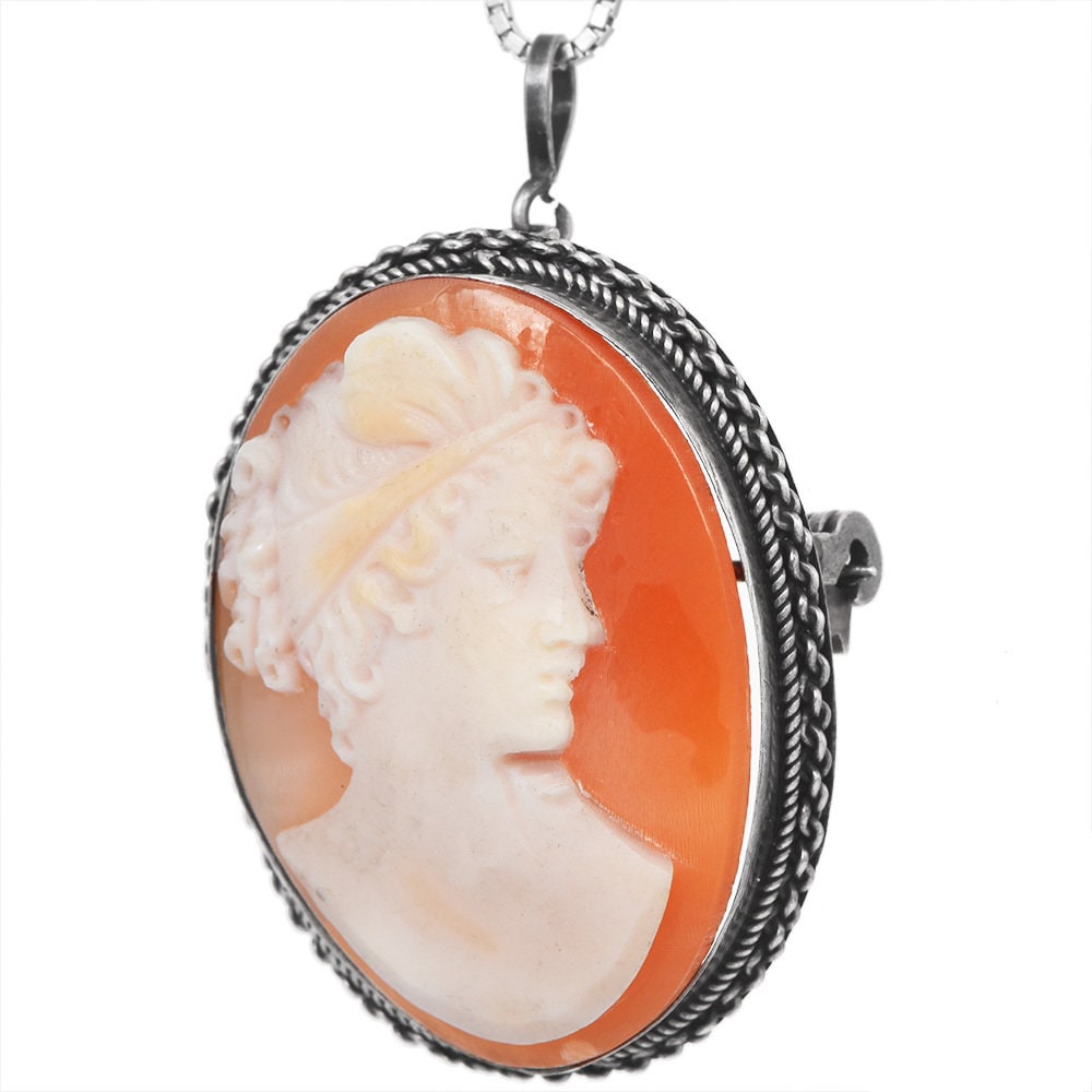 Antique Sterling Silver Shell Cameo Brooch with Bust of Venus