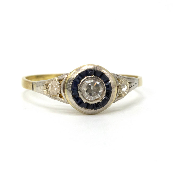 Edwardian Platinum and Yellow Gold Diamond Engagement Ring with Sapphire Halo