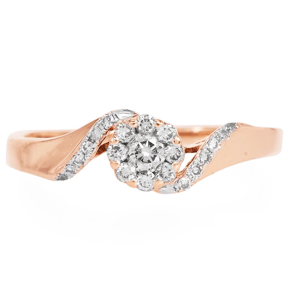 Dainty Yellow Gold and Diamond Cluster Twist Style Bypass Ring
