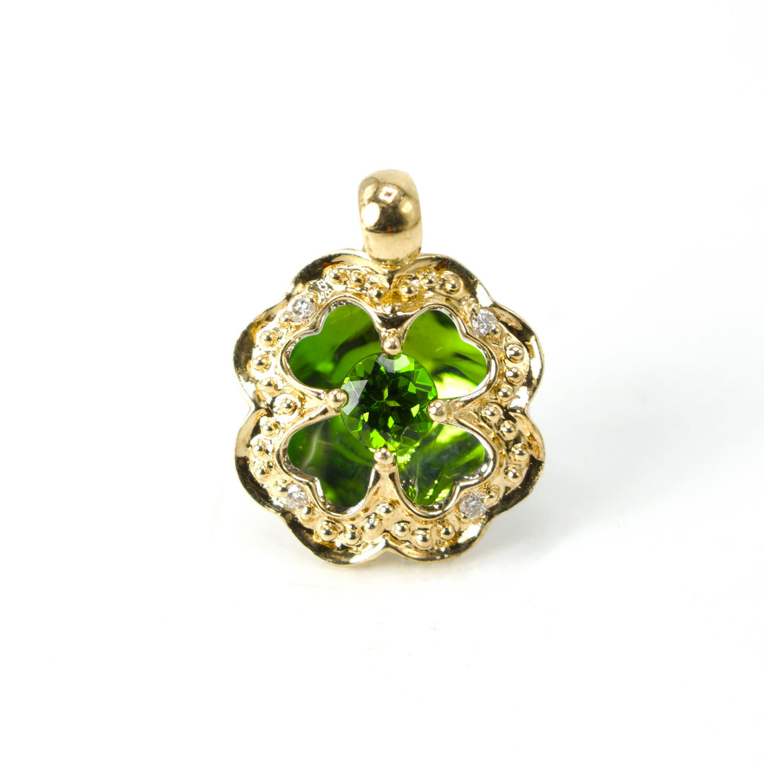 Small Vintage Four Leaf Clover Pendant in White and Yellow Gold with Green Tourmaline and Diamonds