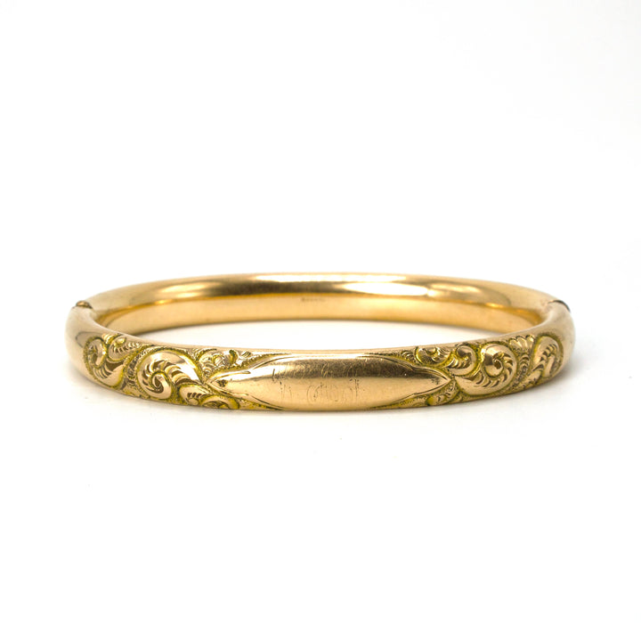 14K Yellow Gold Hinged CAM & Co. Victorian Bangle with Carved Swirls