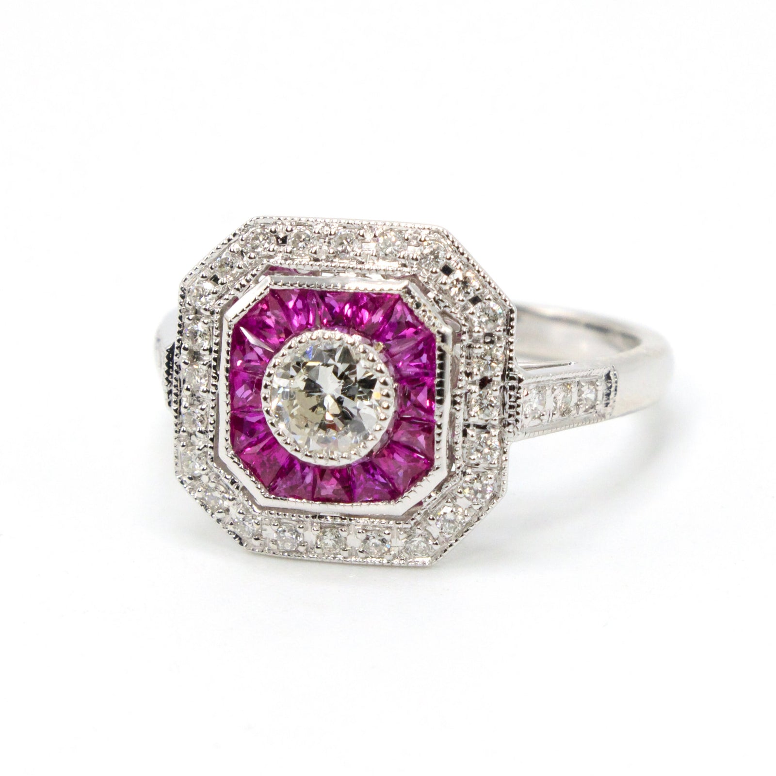 Art Deco Style Square White Gold & Diamond Engagement Ring with Ruby and Diamond Double Halo