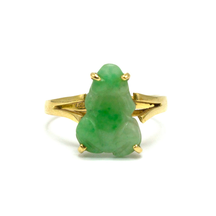 Vintage 18K Yellow Gold Carved Jade Frog Ring