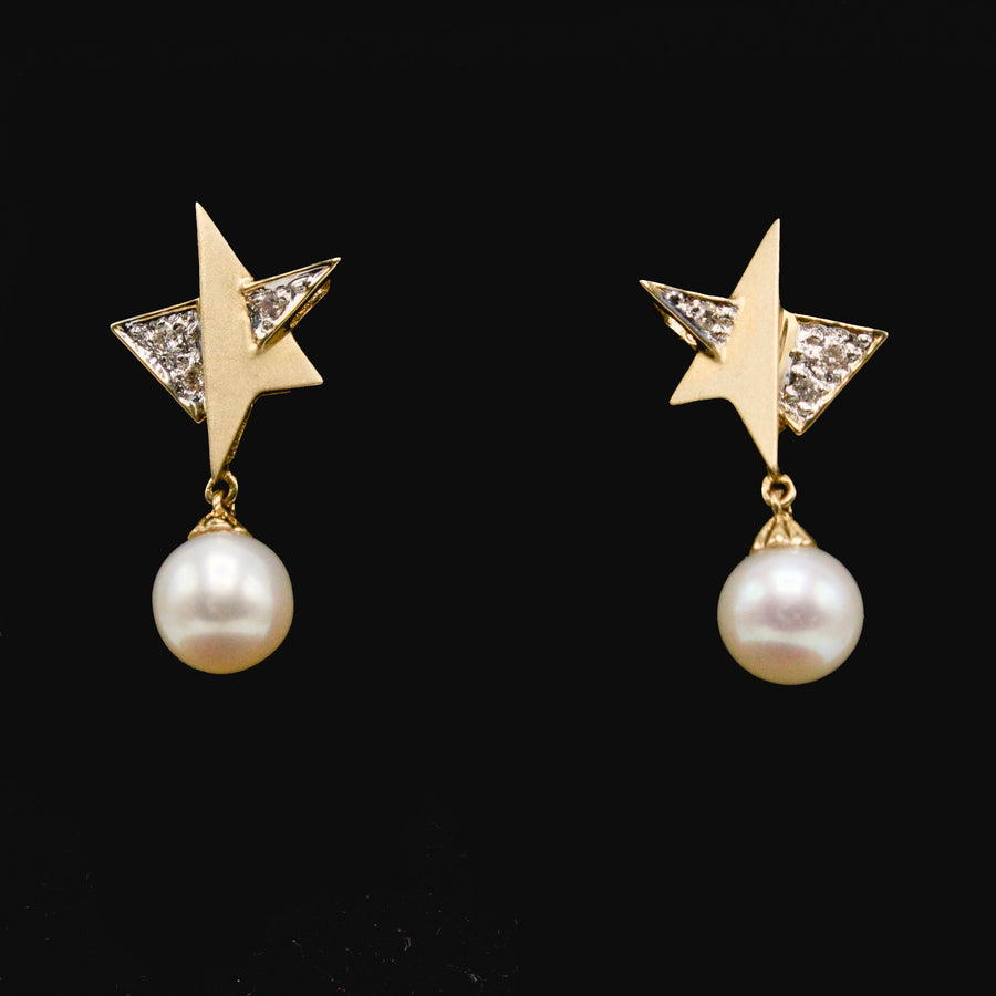 Geometric Star Gold, Diamond and Pearl Drop Earrings