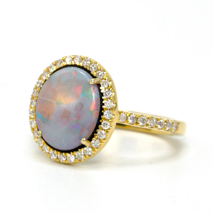 14K Yellow Gold Opal Doublet Ring with Diamond Halo