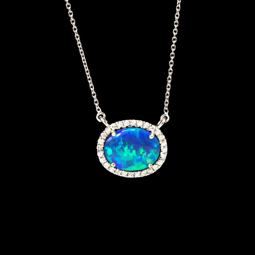 Oval Opal Doublet Necklace in White Gold with Diamonds