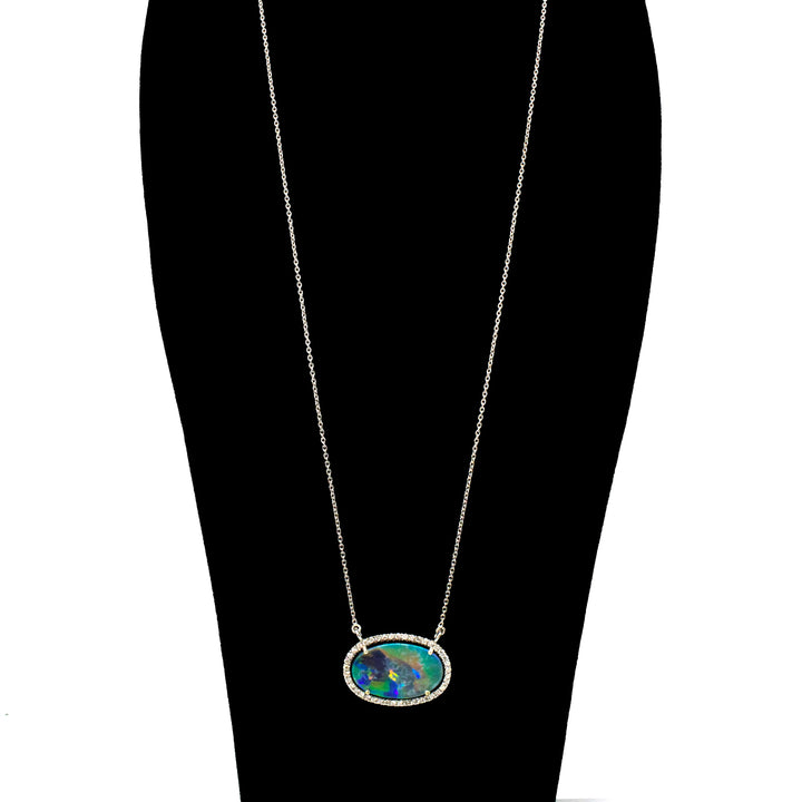 Fiery Oval Opal Doublet Necklace in White Gold with Diamonds