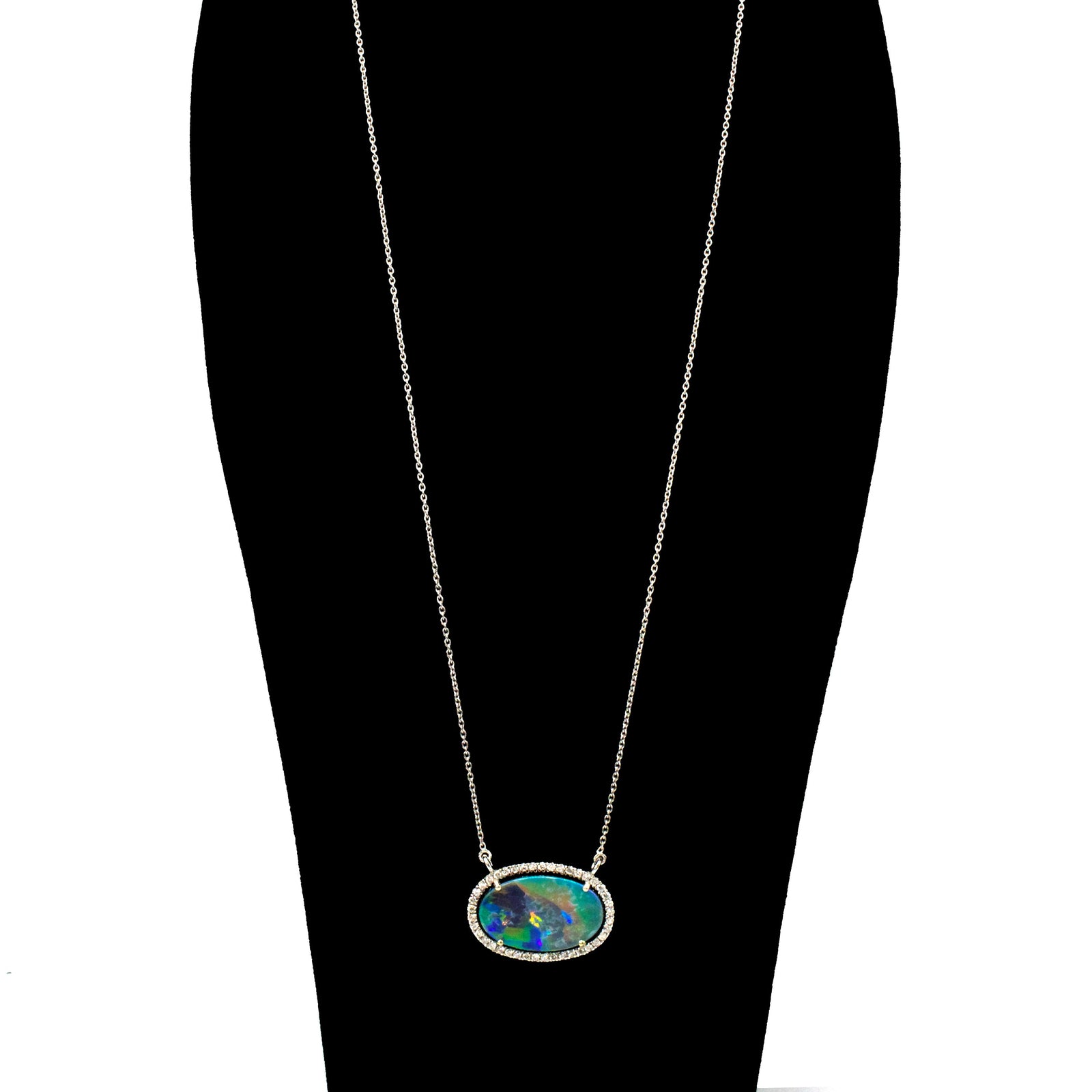 Fiery Oval Opal Doublet Necklace in White Gold with Diamonds