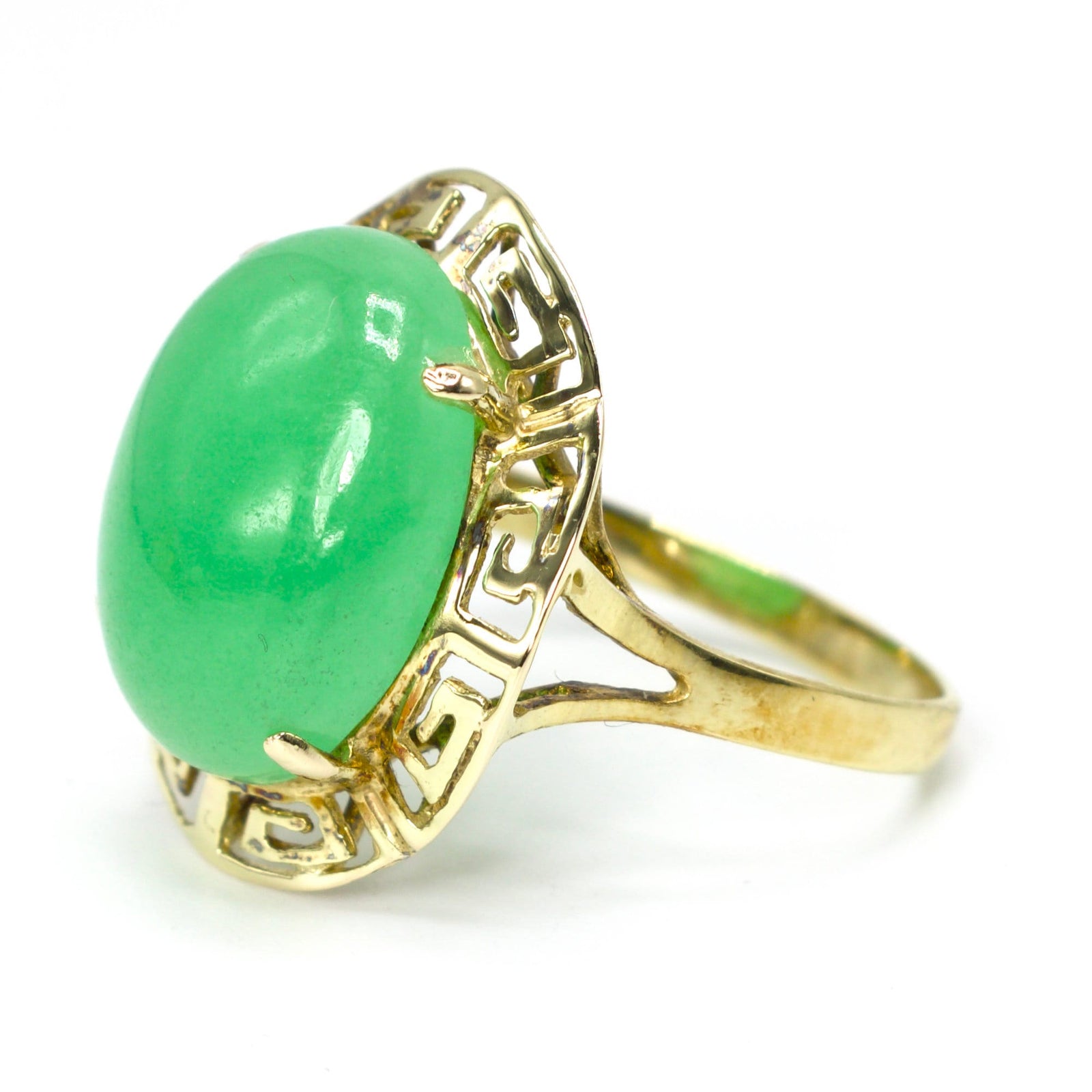 Vintage Oval Jade Ring with Greek Key Surround in Yellow Gold