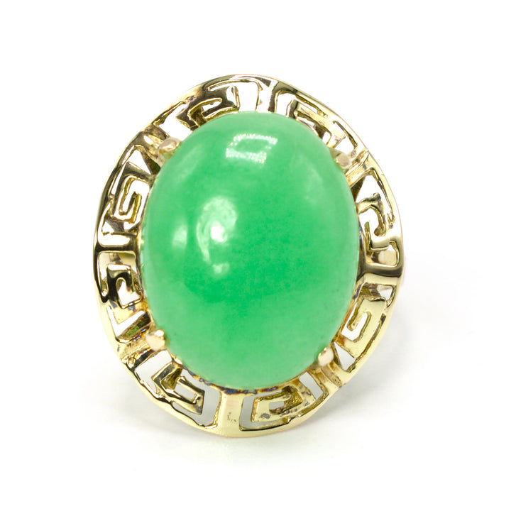 Vintage Oval Jade Ring with Greek Key Surround in Yellow Gold