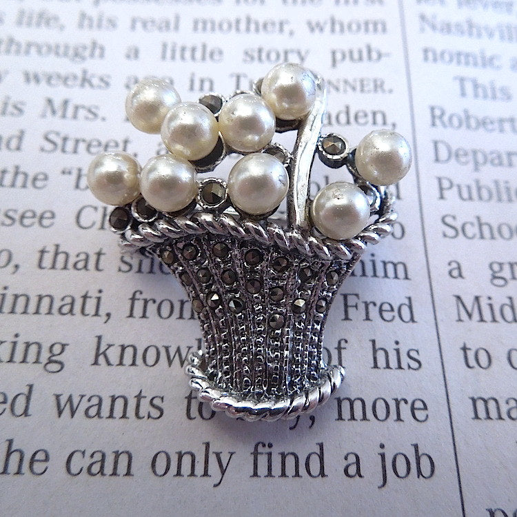 Sterling SIlver and Pearl Flower Basket Brooch Pin