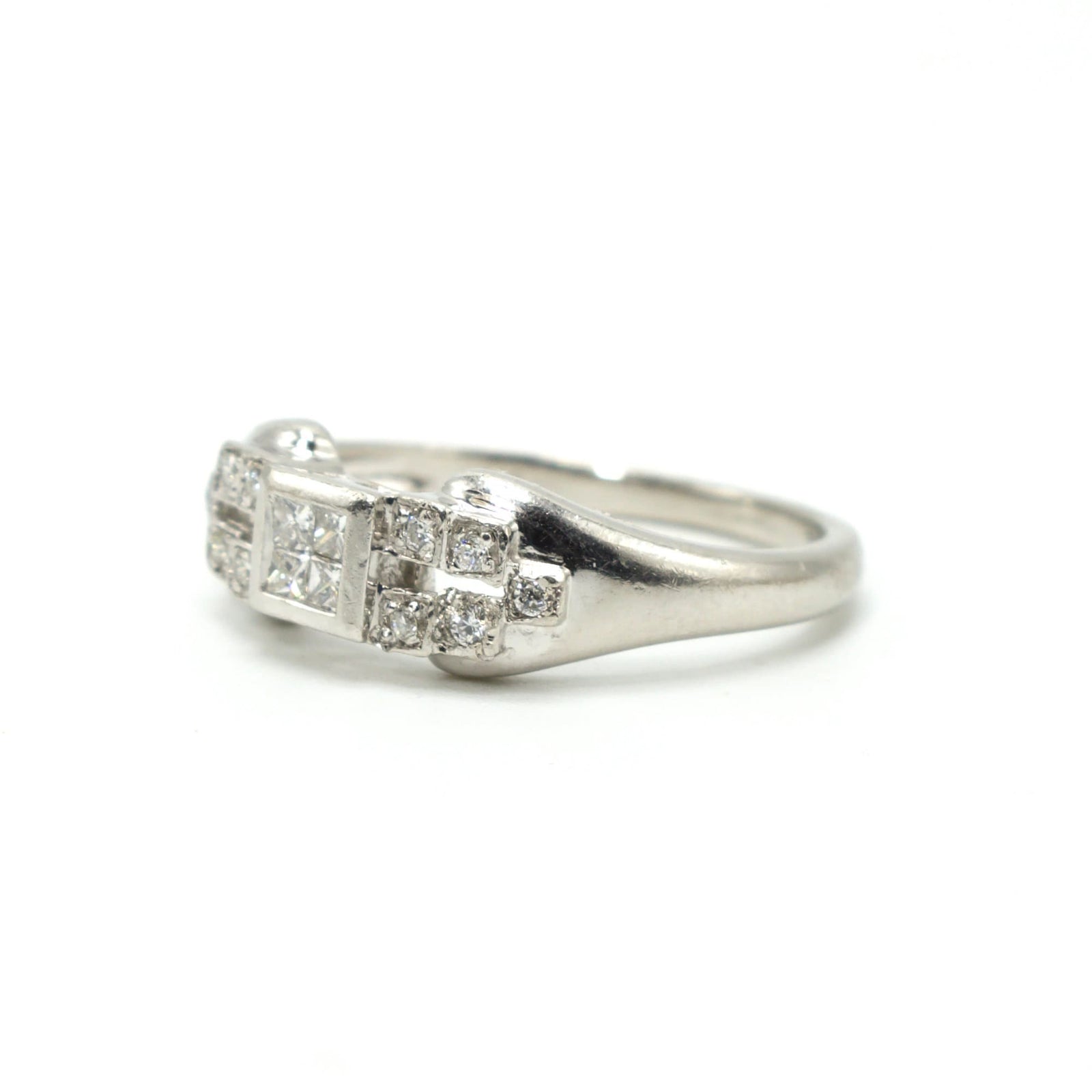 Vintage Style Princess Cut Diamond Cluster Platinum Engagement Ring