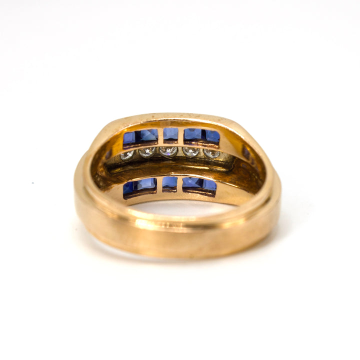 Retro Three Row Diamond and French Cut Sapphire Yellow Gold Ring