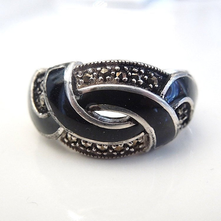 Sterling Silver and Black Enamel with Marcasite Swirl Ring